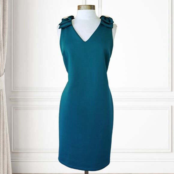 EN FOCUS Studio Bow Shoulder Sheath Cocktail Dress Size 10 in Emerald Green - Picture 1 of 9